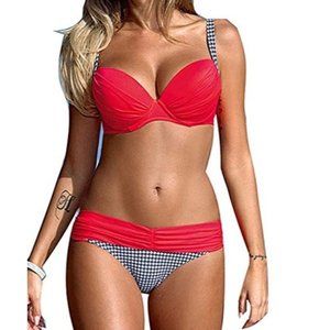 Actloe Women Color Block Bikini Swimsuit Two Pieces Swimwear Push up Bathing Sui